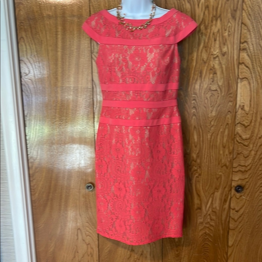 Adrianna Papell Orange Sheath Midi Dress Bateau Neckline